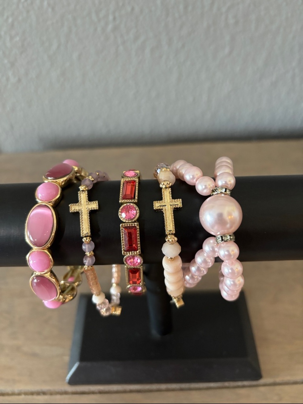 Pink Pearl & Gold Cross Stretch Bracelet Set - Women Jewelry